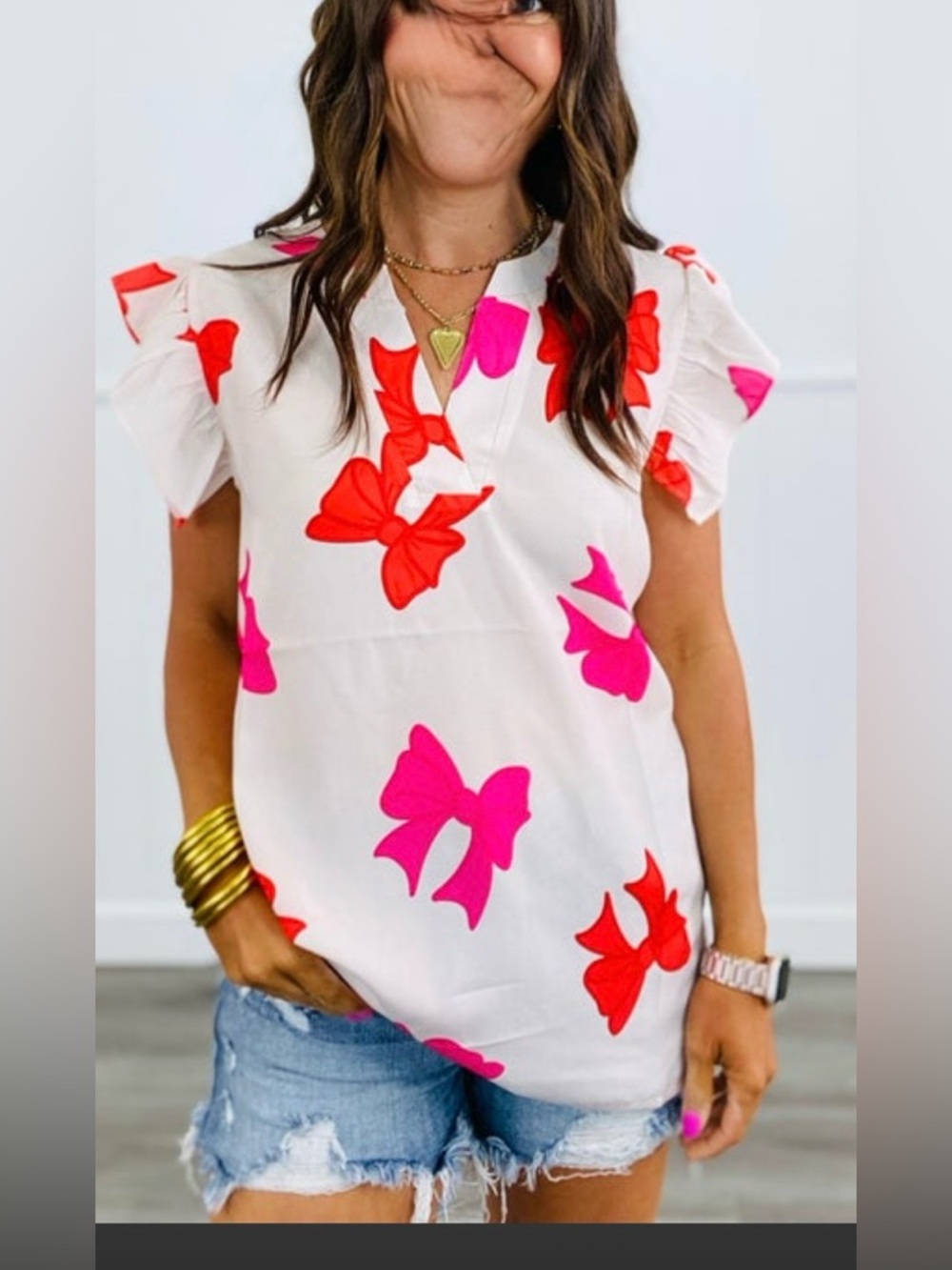 BiBi White Blouse with Pink & Red Bow Print